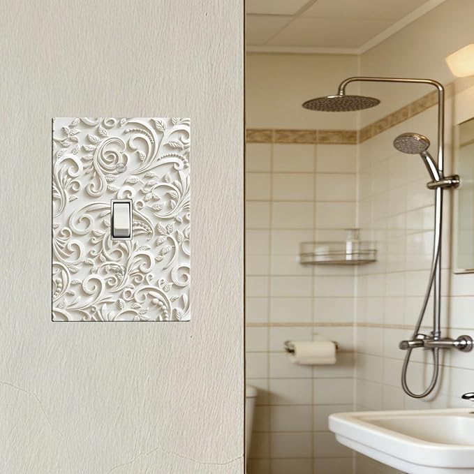 White Floral Vine 1-Gang Toggle Light Switch Plate, French Scroll Printed Pattern Decorative Wall Plate, Neutral Farmhouse Decor for Bedroom Bathroom Living Room