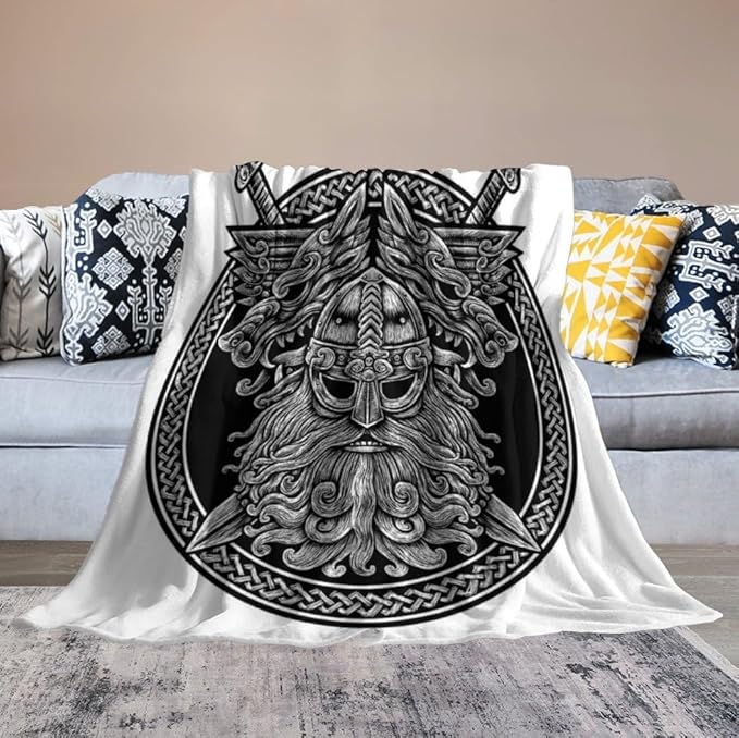 60 x 80 Inches Flannel Throw Blanket Viking Warrior Norse God Odin with Wolf and Swords Birthday Present for Men Women Winter Holiday Soft Blankets for Bedding Sofa