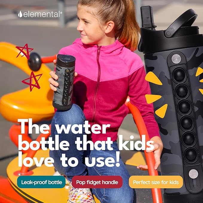 Elemental Iconic Kids Water Bottle with Straw Lid & Stress Relief Pop It Handle, Leak-Proof When Closed, Triple Insulated Kids Stainless Steel Water Bottle For Girls and Boys, 14oz - Black Camo