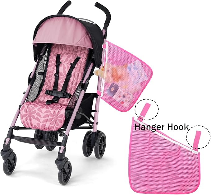2 Pack Side Sling Cargo Stroller Net, Universal Stroller Organizer Bag, Non-Slip and Adjustable Straps Storage Mesh Cargo Net for Stroller Storage (Pink)