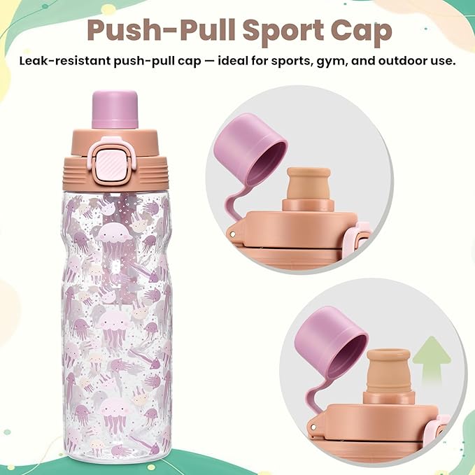 PIQUEBAR Kids insulated Water Bottle 17oz & Sport Water Bottle 24oz Set, Stainless Steel Metal Vacuum Water Bottles, Leakproof Tritan Sport Water Bottles for School Boys Girls, Pink Jellyfish