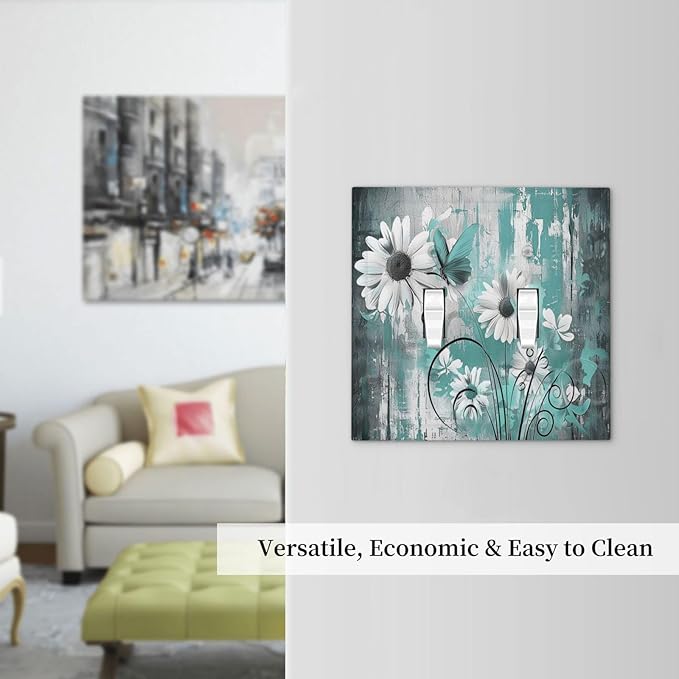 Decorative Switch Plates Teal Daisy Floral Vintage Wood Plank 2 Gang Double Toggle Outlet Light Switch Cover Wall Plate Electrical Faceplate For Farmhouse Cabin Decor