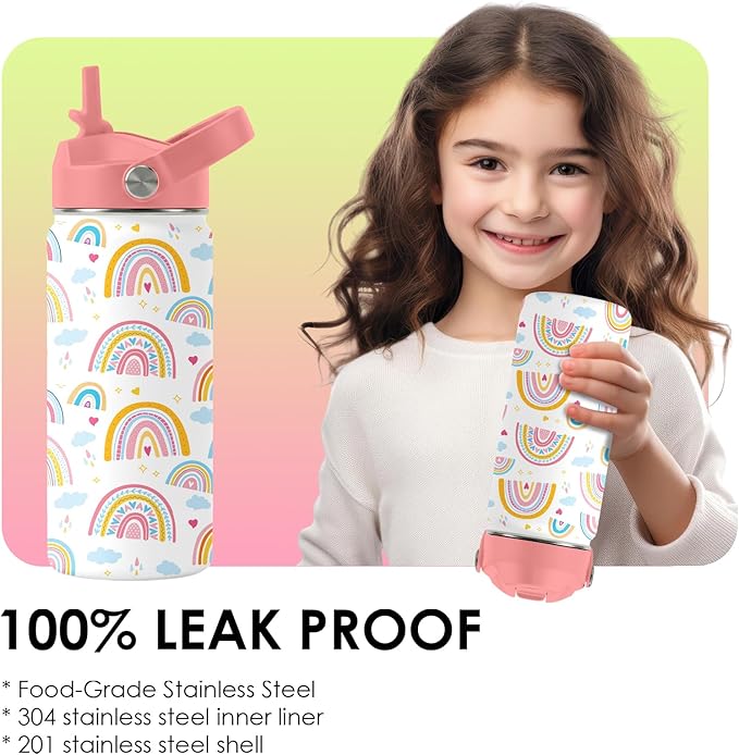 16oz Rainbow Tumbler Cup with Handle and Straw - Pink Stainless Steel Water Bottle for Women Men - Insulated Double Wall Travel Mug, Sweatproof, Non-Slip Base - Birthday Gift Ideas