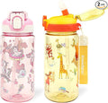 Kids Water Bottle for School or Travel, 20 Oz 2 Pack Durable Plastic Water Bottle with Silicone Straw and Pop-Up Spout Cover, BPA Free & Dishwasher Safe(Forest Animals & Unicorn)