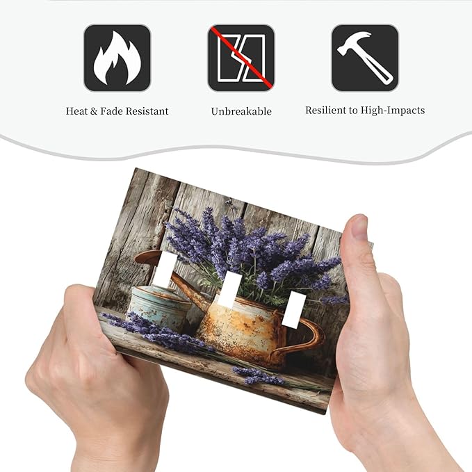 Rustic Flowers Lavender Purple Floral Oil Painting Decorative Switch Plates 3 Gang Wall Plate Triple Toggle Light Switch Cover Faceplate Electrical Wall Panels for Farmhouse Bedroom Decor