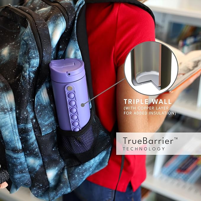 Elemental Iconic Kids Water Bottle for School - 100% Leak-Proof Insulated Water Bottles with Straw Lid & Pop-It Handle for Boys & Girls - Triple-Wall Insulated & BPA-Free, 14oz – Lavender