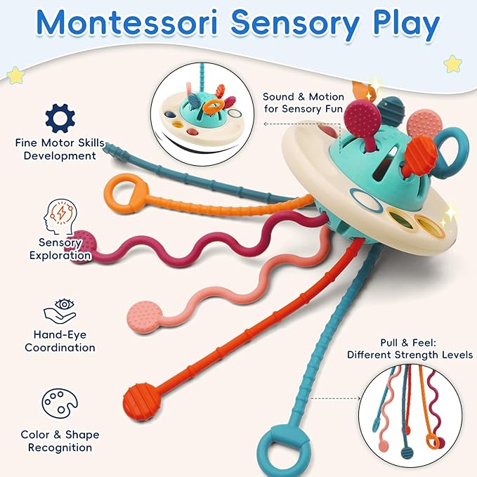 Baby Toy for 12M+, Montessori Sensory Toy Play Set for Toddlers, UFO Pull String Toy in Stollers Educational Toy for Development Fine Motor Skills Gift for Boys& Girls