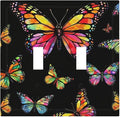 Vibrant Rainbow Butterflies on Black Double Toggle Switch Cover - 2-Gang Standard US Size Enchanted Garden Butterfly Light Switch Covers for Bedroom Decor