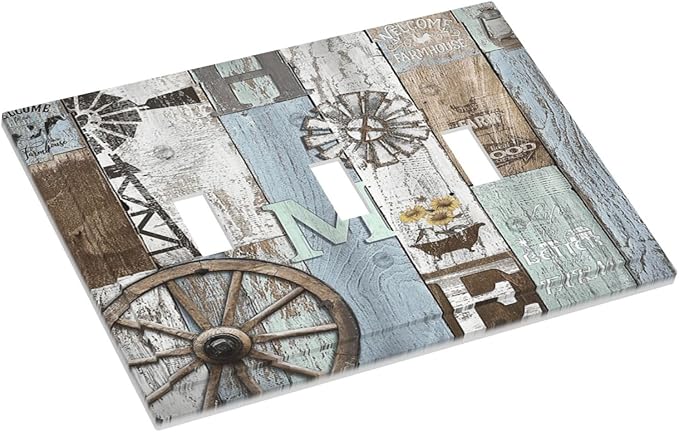 Rustic Western Barn Door Vintage Windmill Decorative Switch Plates 3 Gang Wall Plate Triple Toggle Light Switch Cover Faceplate Electrical Wall Panels for Farmhouse Home Decor