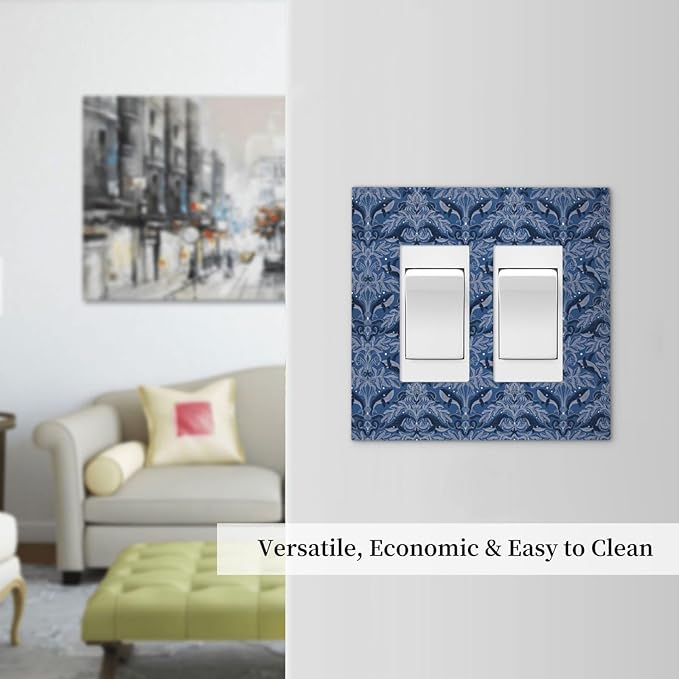 Blue Modern Nautical Art Whale Fish Ocean Damascus Decorative Outlet Covers 2 Gang Double GFCI Rocker Electrical Wall Panels Light Switch Cover Plate for Bedroom Living Room Decor