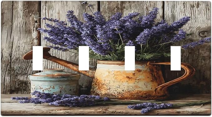 Rustic Flowers Lavender Purple Floral Oil Painting Light Switch Covers Quad Toggle Electrical Faceplate 4 Gang Wall Plate Decorative Switch Plates Cover for Farmhouse Bedroom Decor