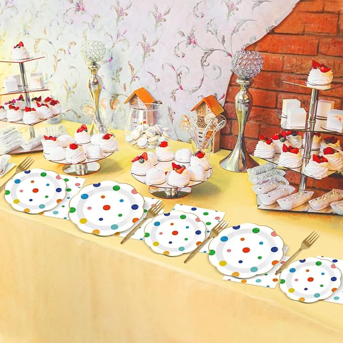 96 Pcs Colorful Birthday Plates and Napkins Colorful Polka Dots Party Supplies Rainbow Dots Tableware Table Decorations Confetti Plates Napkins Rainbow Party Favor for Baby Shower Wedding 24 Guests