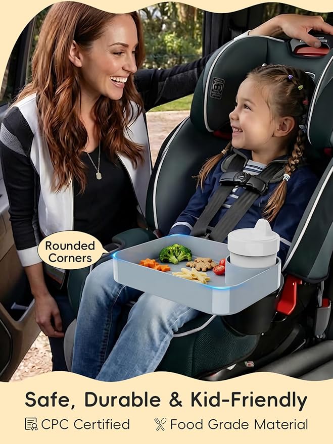Car Seat Cup Holder Snack Tray for Kids, Reduces Mess, Detachable Large Base & Adjustable Ring, Carseat Tray for Toddler, Car Seat Food Tray Table for Kid Travel Road Trip Essentials -Light Gray