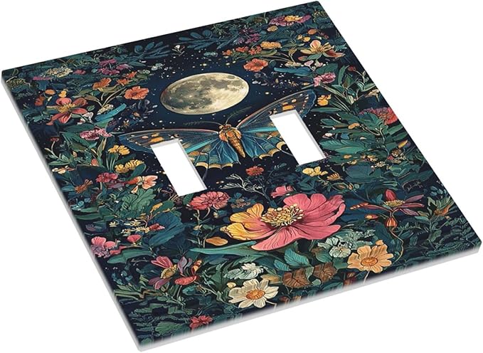 Decorative Switch Plate Covers Bohemian Moon Butterfly Floral 2 Gang Double Toggle Light Switch Cover Plate Electrical Wall Plate Outlet Cover Outlet Light Switch Cover for Bedroom Cabin Decor