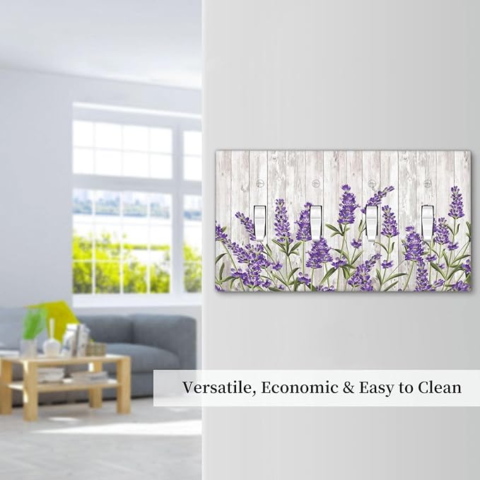 Purple Lavender Rustic Wooden Flowers Floral Plant Light Switch Covers Quad Toggle Electrical Faceplate 4 Gang Wall Plate Decorative Switch Plates Cover for Farmhouse Living Room Decor