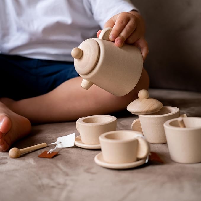 PlanToys® Wooden Tea Set for Montessori Inspired Pretend Play | Social Interaction, Language and Imaginative Role Play | Eco Friendly Wooden Tea Party Set for Creative Learning