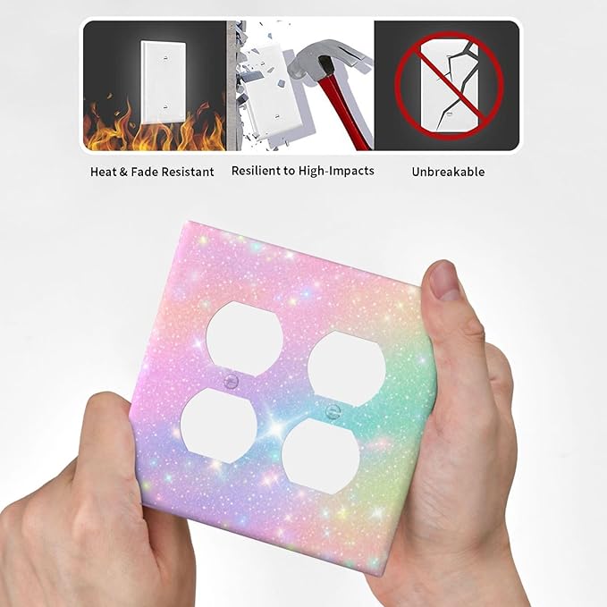 Decorative Light Switch Cover Plate Rainbow Shiny Gradient Colors 2 Gang Socket Covers Double Duplex Wallplates Switch Plates and Outlet Covers for Kids Room Nursery Decor