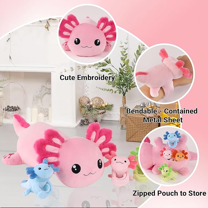 5 in 1 Axolotl Plush Toys for Girls Boys, 18" Mommy Axolotl Stuffed Animal with 4 Baby Axolotls Pink Stuffed Axolotl Plush with Babies Axolotl Plushies for Kids Toddler Birthday Christmas Plush Gifts