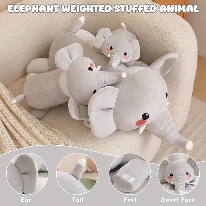 TOYSYM Weighted Stuffed Animals, Elephant Stuffed Animal with Weighted Beads, Cute Plush Toy Pillow Gifts for Adults Kids Boys Girls