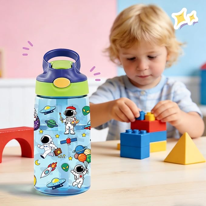 14oz Space Astronaut Kids Water Bottle with Straw Lid - Astronaut Water Bottles for Kids, Leakproof, Lightweight, Durable Plastic Bottles for School, Universe Space Gift Cup for Boys Girls