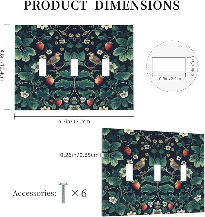 Decorative Switch Plates Strawberry Birds Flowers Plant Morris Floral 3 Gang Wall Plate Triple Toggle Light Switch Cover Faceplate Electrical Wall Panels for Bedroom Farmhouse Decor