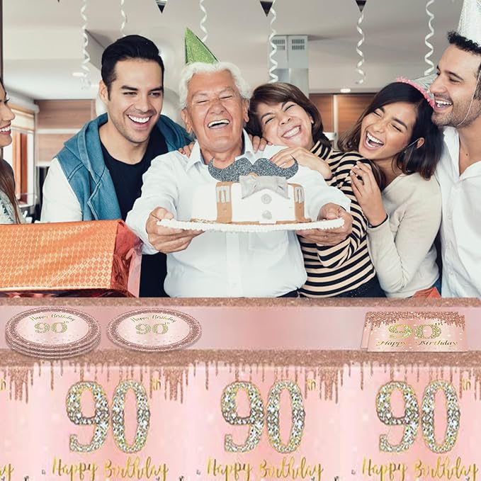 41Pcs 90th Birthday Decorations, Rose Gold Birthday Party Supplies Include 20Pcs Plates 20Pcs Napkins and 1Piece Tablecloth, Sweet Ninety Year Old Birthday Party Tableware for Girl Ladies Women