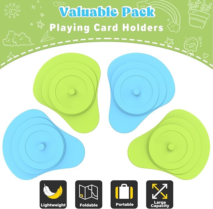 Playing Cards Holder for Little Hands Stocking Stuffer for Boy Girl UNO Game Nights, Poker, Canasta, Spite Malice, Playing Card Accessories for Family Gatherings & Travel, Set of 4 (2 Blue + 2 Green)