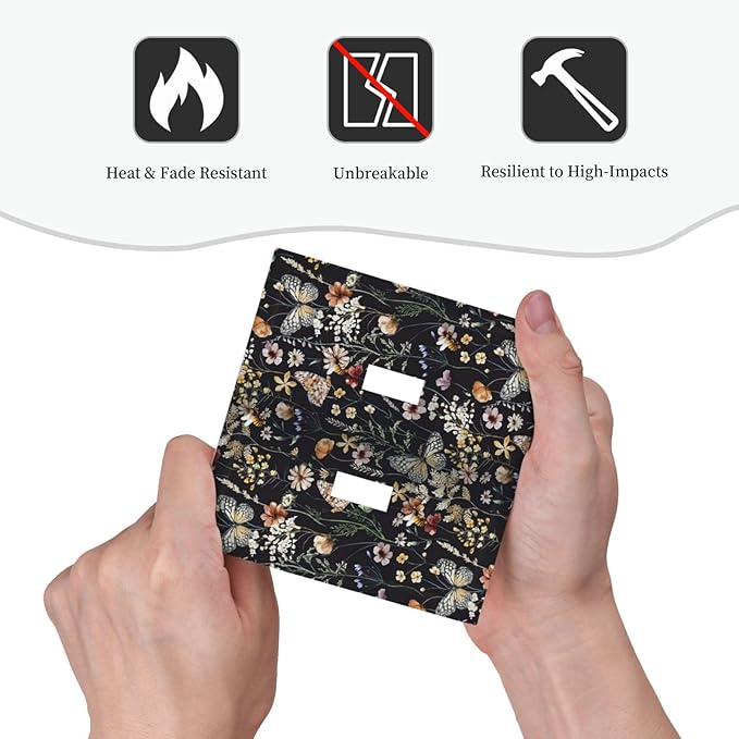 Butterfly 2 Gang Double Toggle Wall Plates Vintage Flower Leaves Light Switch Cover Decorative Dark Backgrounds Electrical Switchplate Faceplate Cute Bees Dimmer Decor for Bedroom Kitchen Bathroom