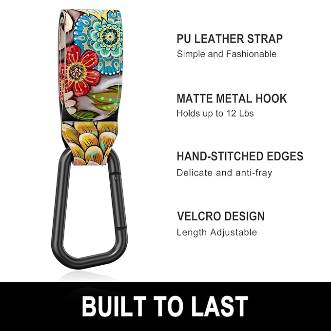 Baby Stroller Hooks for Hanging Bags, Universal Stroller Clips Accessories, Mommy Hook for Diaper Bag, Shopping Cart, Purse, Backpack - 2 Pack, Retro Flower
