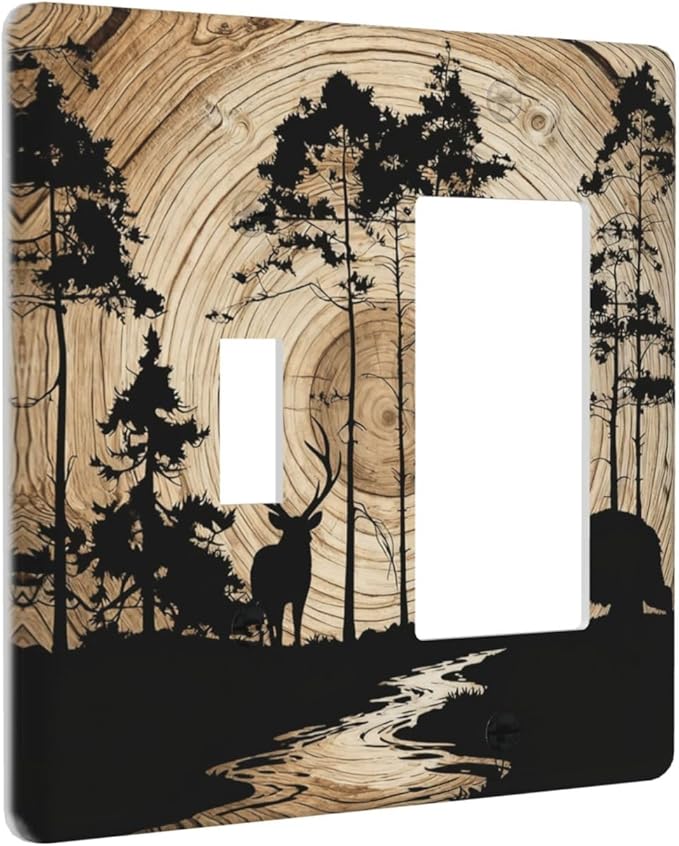 Rustic Forest Antler Black Bear Deer Silhouettes Outlet Covers 1 Toggle 1 Rocker Combination Decorative Wall Plate Electrical Switch Plates Light Switch Cover Plate for Farmhouse Home Decor