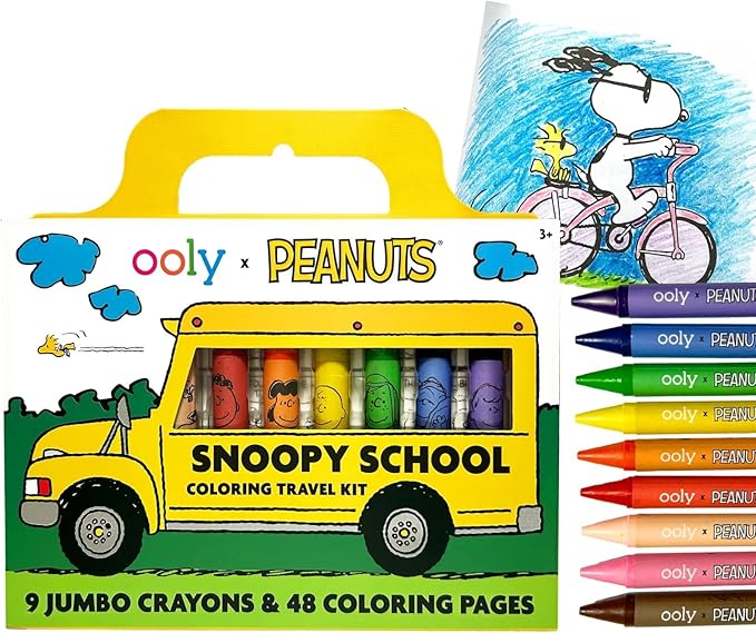 Ooly x Peanuts Travel Art Kit with 9 Jumbo Crayons & 48 Themed Coloring Pages & Case for Easy Traveling Art Creation, Perfect Airplane & Road Trip Activities for Kids