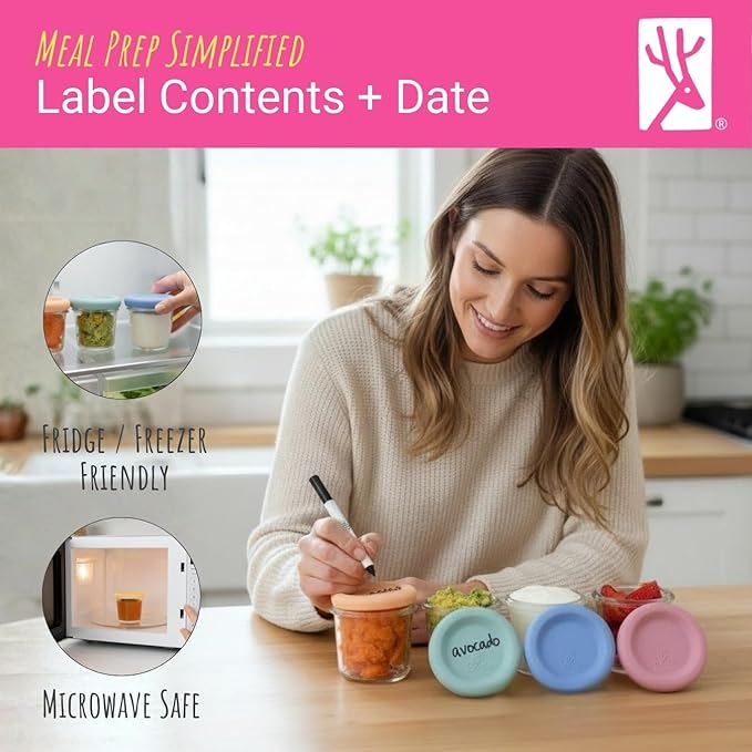 Elk and Friends 4oz Borosilicate Glass Baby Food Storage Jars with Silicone Lid | Strong Glass | Set of 6 | Microwave, Oven & Dishwasher Safe | Infant and Babies