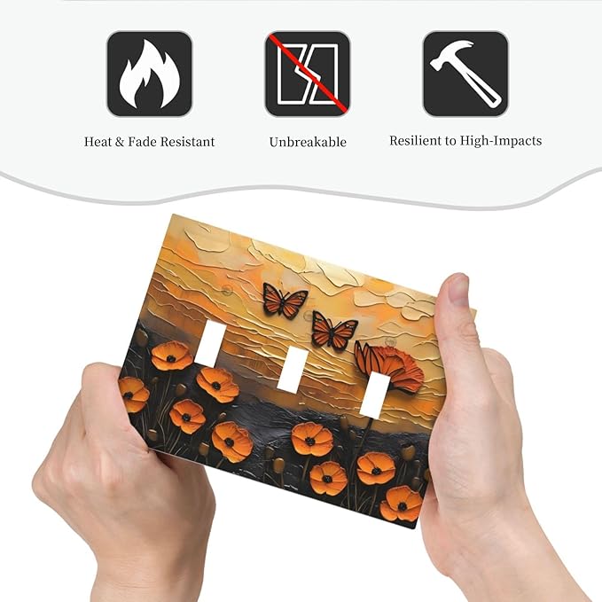 Oil Painting Flower Sunset Butterfly Vintage Rustic Floral Decorative Switch Plates 3 Gang Wall Plate Triple Toggle Light Switch Cover Faceplate Electrical Wall Panels for Bedroom Living Room Decor