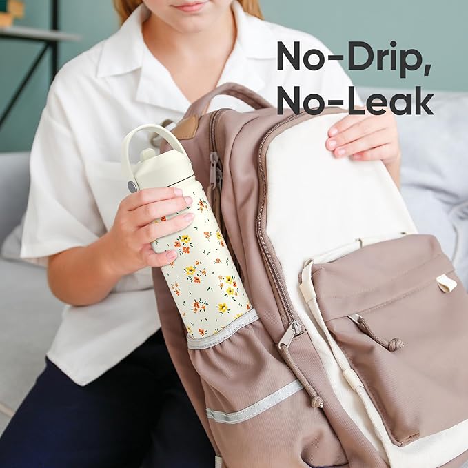 KEWIXY 18 oz Water Bottle with Straw, Leak Proof, Insulated Stainless Steel with Handle, Reusable, Metal, Backpack-side Fit (Floral Ivory)