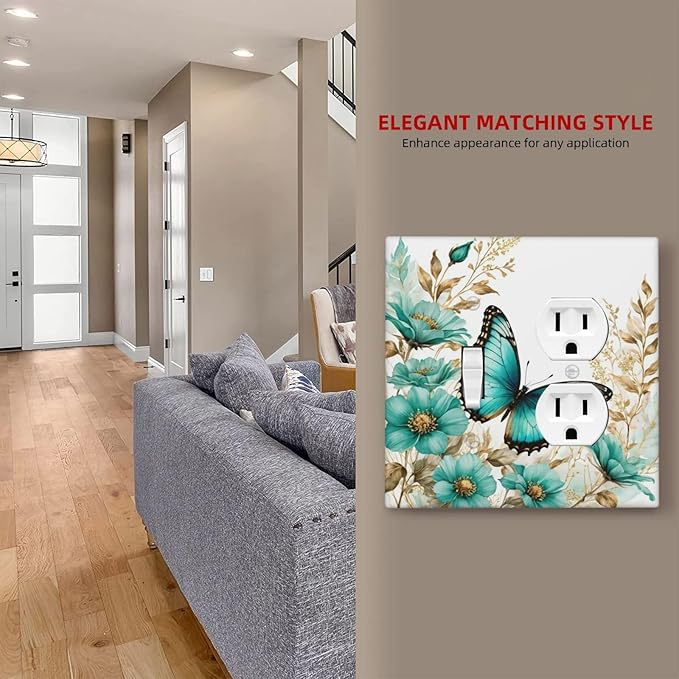 Decorative Outlet Covers Butterfly on Blue Daisy Flower Floral Golden Leaf 2 Gang Wall Plate Cover Single Toggle Duplex Combo Two Switch Light Switch Cover Plate Face Plate