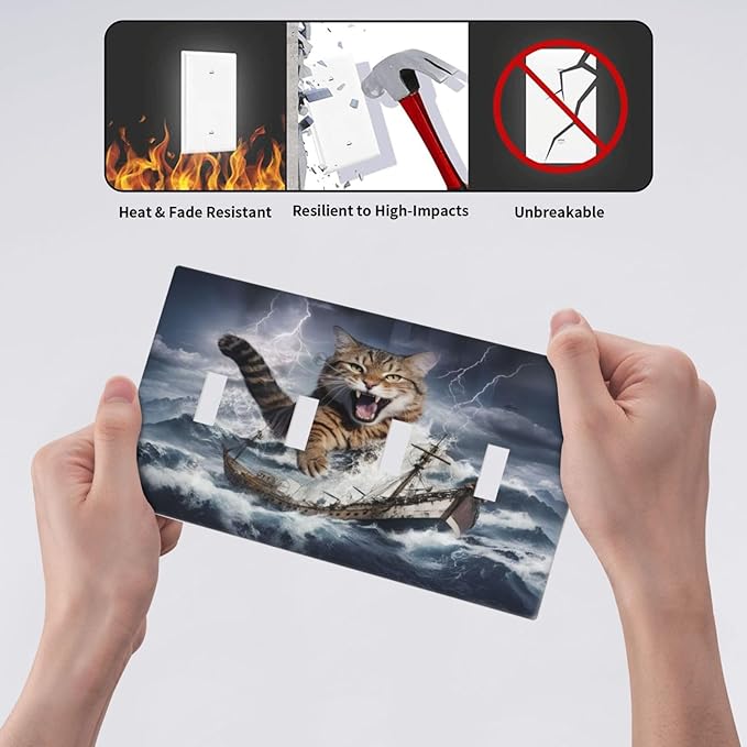 Decorative Light Switch Plate Covers Funny Cat Sea Ship Ocean Billow Wave Novelty 4 Gang Wall Plate Switch Cover Plate Quad Toggle Jumbo Electrical Faceplate for Kitchen Decor