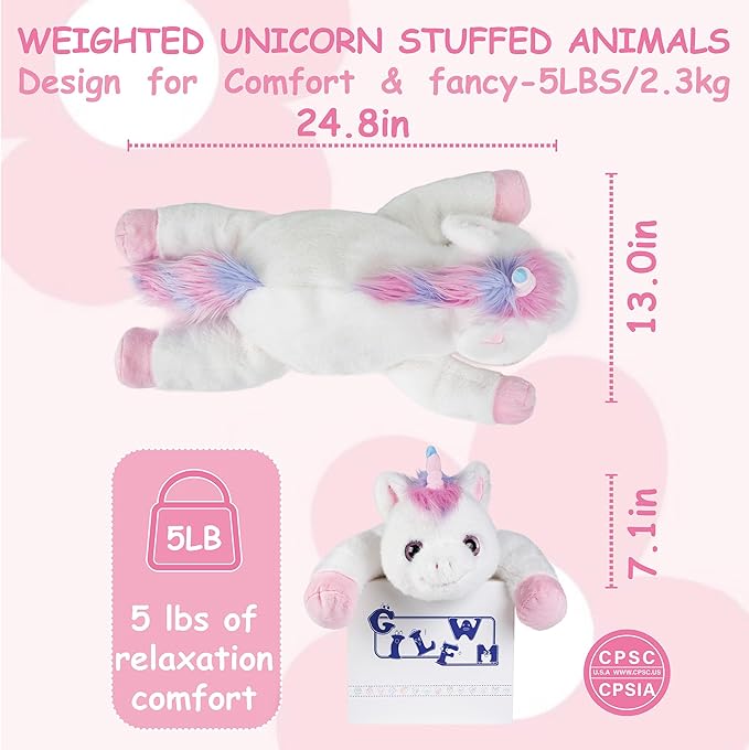 GILFWM Unicorn Weighted Stuffed Animals - 25" Big Stuffed Animal Toy Rainbow Pillow for Girls Boys Kids, 5 lbs Soft Washable Weighted Plush