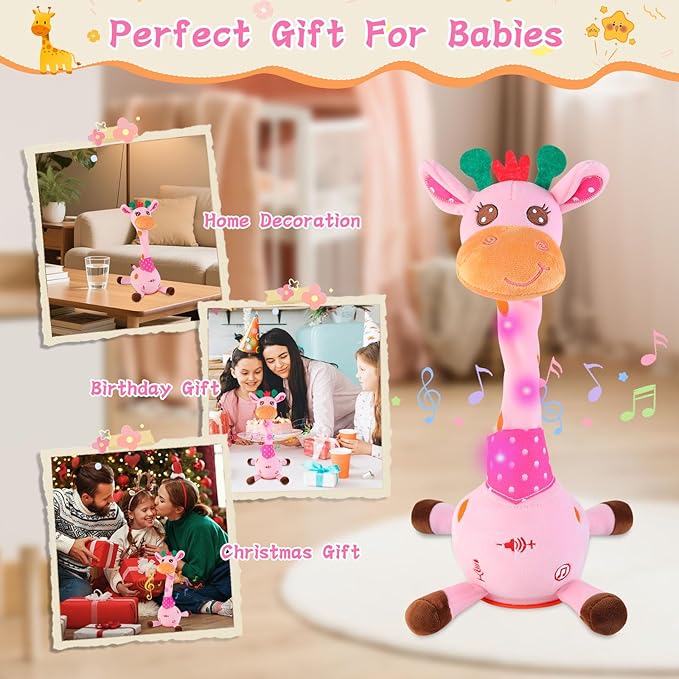 Dancing Giraffe Toy Stuffed Animal Baby Toys Singing Song Toddlers Toy Repeats What You Say Glowing Musical Toy for Baby Birthday Gift Groovy Giraffe Toy (Pink Giraffe)