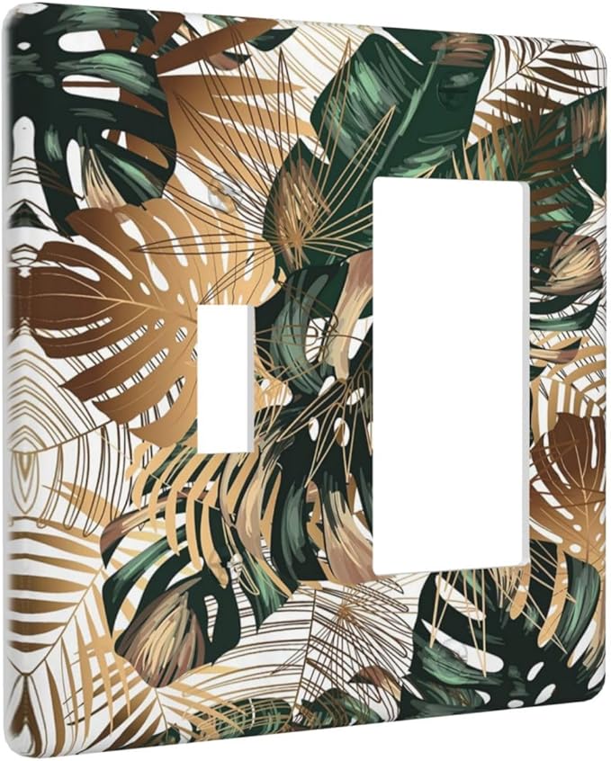 Green Tropical Leaves Gold Palm Leaf Botanical 2 Gang Single Toggle Rocker Combination Light Switch Cover Unique Decorative Wall Plate Cover Electrical Faceplate Switchplate for Bedroom Decor