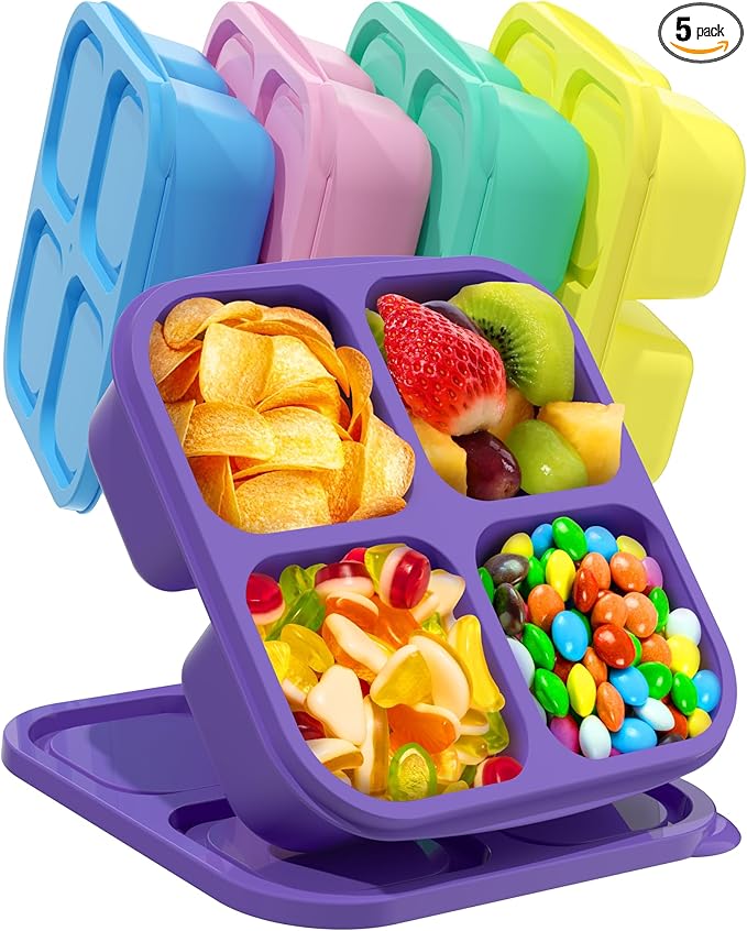 Canfanni 5 PCS Bento Snack Containers, Reusable 4 Compartment Divided Food Storage Containers, Divided Lunchable Container for School, Work and Travel (Multicolor)
