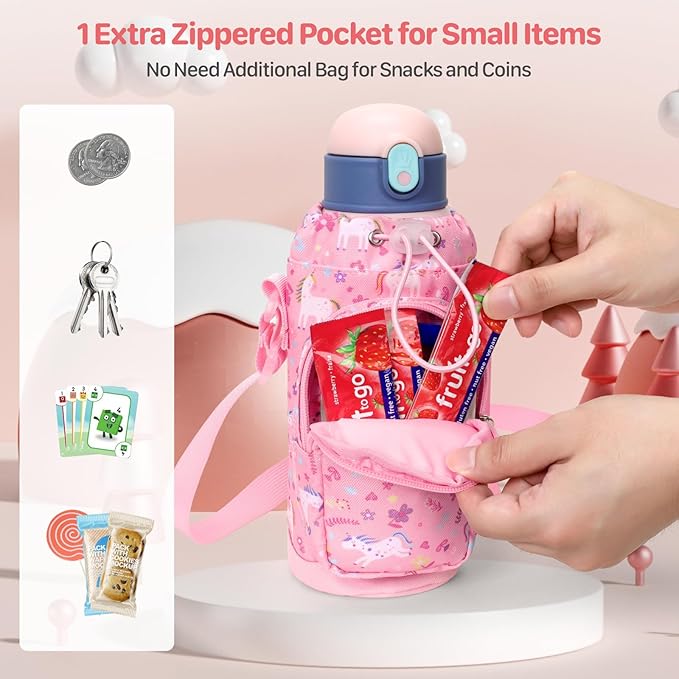 Water Bottle Carrier for Kids - Water Bottle Holder with Strap, Boys Girls Water Bottle Sling Bag for 10/12/14/16/18Oz Water Bottles Walking Hiking Camping