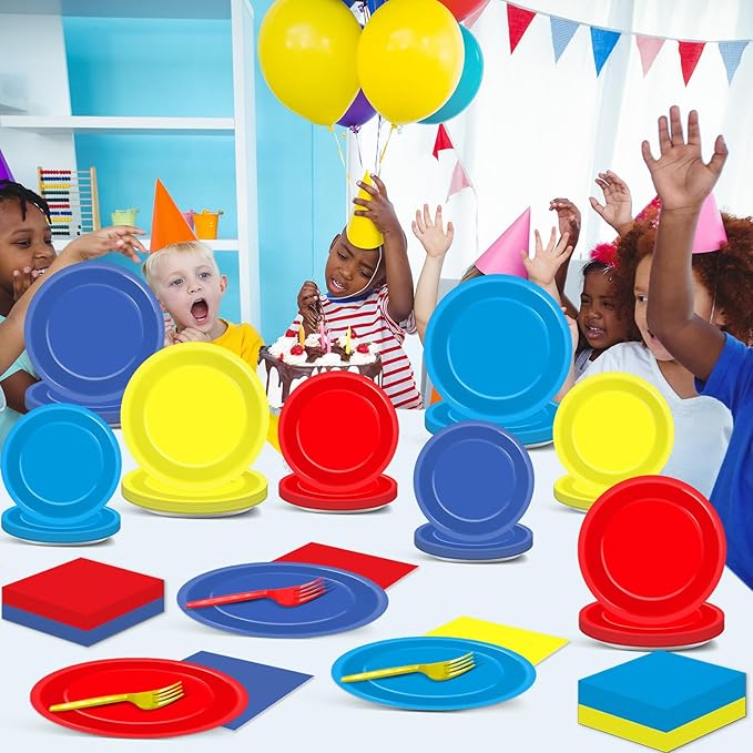 96Pcs Dog Birthday Party Supplies Red Yellow Blue Paper Plates and Napkins Birthday Decorations Puppy Paw Disposable Tableware Set for Kids Colorful Puppy Dog Baby Shower Party Decorations Serves 24