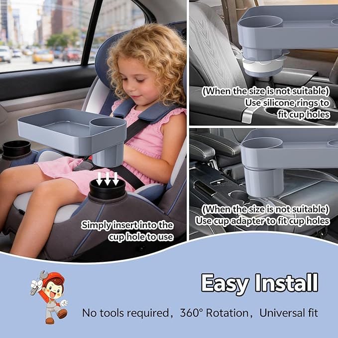 Car Seat Snack Tray for Kids Toddler Travel,Cup Holder Expander for Car,Toddler Travel & Road Trip Accessory for Mess-Free Snacking in The Car (Gray)