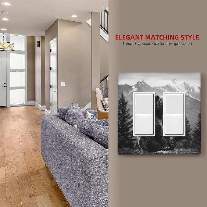 Light Switch Cover Plate Black White Bear Mountain Pine Trees Wilderness 2 Gang Double Rocker Outlet Covers Decorative Switch plates Electrical Wall Plates GFCI Receptacle for Bathroom Bedroom