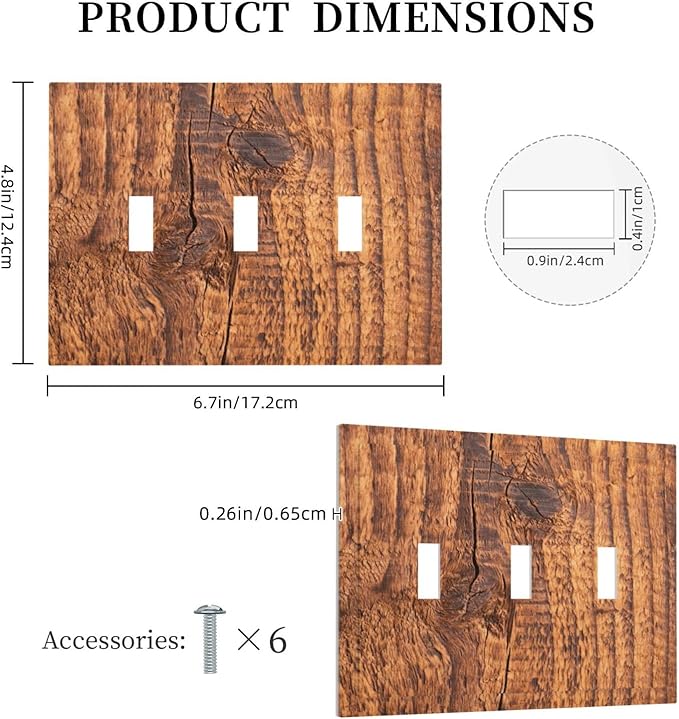 Brown Wood Grain Rustic Natural Burl Print Decorative Switch Plates 3 Gang Wall Plate Triple Toggle Light Switch Cover Faceplate Electrical Wall Panels for Farmhouse Home Decor