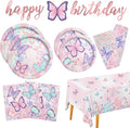 Butterfly Birthday Party Supplies Disposable Paper Plates Napkins Cups Tablecloth and Banner for Butterfly Girl Party Birthday Decorations, Serve 25