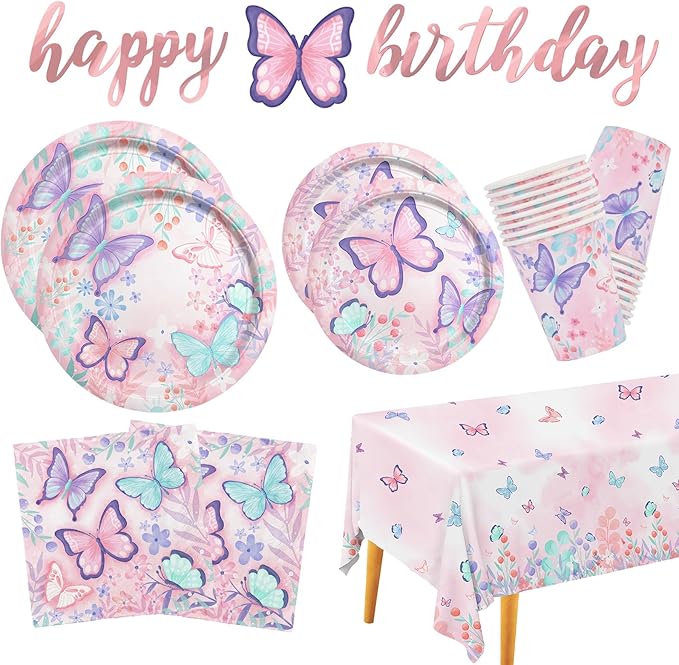 Butterfly Birthday Party Supplies Disposable Paper Plates Napkins Cups Tablecloth and Banner for Butterfly Girl Party Birthday Decorations, Serve 25