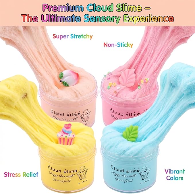 4 Pack Cloud Slime Kit, DIY Stress Relief Toy with Cute Slime Fun Charms, for Kids Party Favors, Girls Boys Birthday Gift