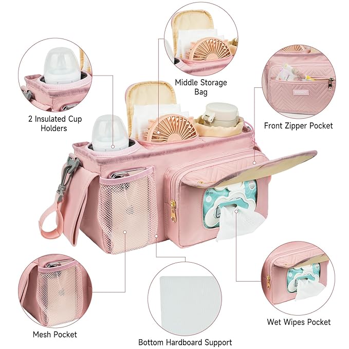 Universal Stroller Organizer with Insulated Cup Holders,Large Capacity Non-Slip Stroller Caddy Bag Fits for Uppababy/Doona/Jogger/Britax/Mompush/BoB with Anti-Sag Hard Bottom and Wet Wipes Pocket