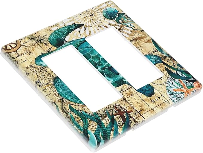 Yellow Nautical Ocean Map Tortoise Turtles 2 Gang Double Rocker/Decorator Outlet Light Switch Cover Summer Beach Coral Decorative Dual Device Gfci Receptacle Switch Wall Plate Cover